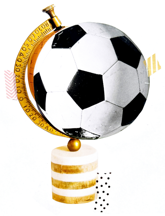 Collage: Globus in Form eines Fussballs auf einem gestreiften Sockel